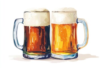 modern beer icon illustration, two mugs toasting, clean vector on white