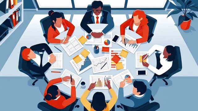 Animated business meeting: Diverse team collaborates on charts and graphs around a conference table - Powered by Adobe