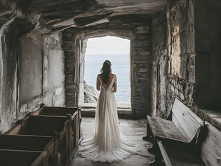 The bride stands in a Clifftop Chapel, photograph