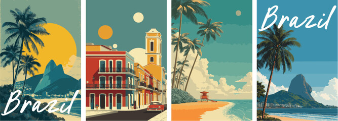 Brazil vintage style travel poster set. Collection of scenic art deco retro tourism illustrations