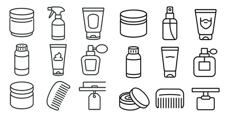 Collection of various beauty products including shampoo, conditioner, lotion, and perfume. The image is in black and white and has a minimalist style