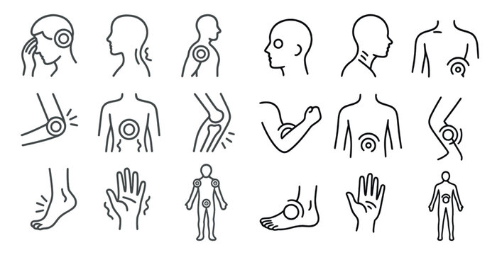 Series of drawings of people with various body parts and ailments. The drawings are in black and white and are arranged in a grid. Scene is serious and informative