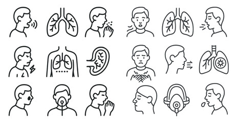 Series of drawings of people with their mouths open and one of them has a mask on. The drawings are all related to the idea of breathing and the importance of taking care of one's respiratory health