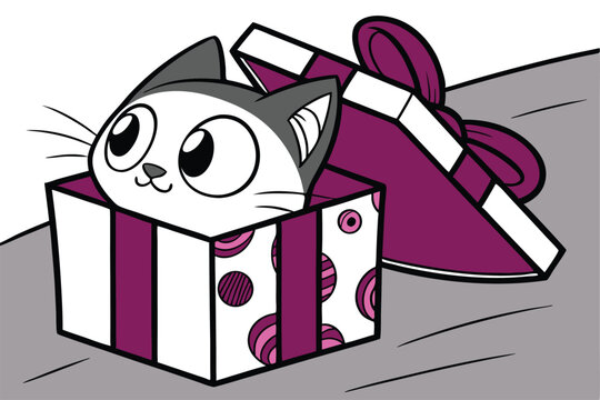 Adorable kitten peeking out of a colorful gift box with a festive bow