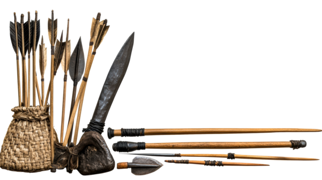 Primitive hunting tools on black background, cut out transparent