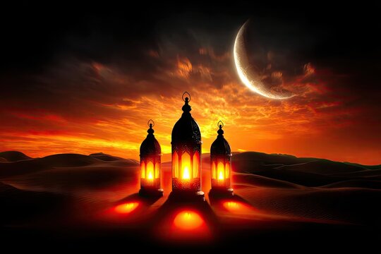 Three ornate lanterns glow in a desert landscape at sunset. A crescent moon hangs in the darkening sky