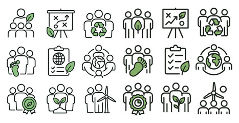 Collection of green icons that represent various aspects of environmentalism. The icons include people, trees, and other symbols that represent the importance of sustainability