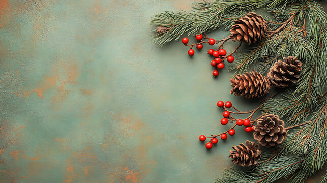 Christmas pine boughs and red berries with pinecones on rustic green background holiday season decorations evergreen branches new year celebration design element