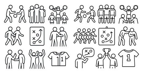 Series of sports icons are shown in a line, including a man holding a basketball and a woman with a cheerleader © Tanya