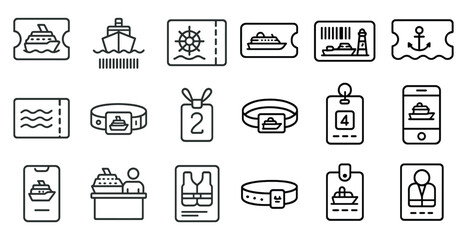 Series of icons for various items related to travel and transportation. The icons include a boat, a ticket, a phone, a wristband, a vest, a dog, and a person