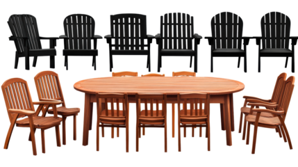 Outdoor dining set, black & brown wood furniture, isolated, cut out transparent