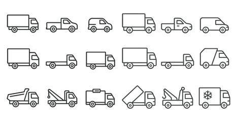 Series of different types of trucks, including dump trucks, tow trucks, and fire trucks. The trucks are all lined up in a row, with some of them being larger than others © Vitalii