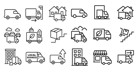 Series of black and white icons of various vehicles, including trucks, cars, and buses. The icons are arranged in a grid, with some icons overlapping each other. Scene is that of a busy city street