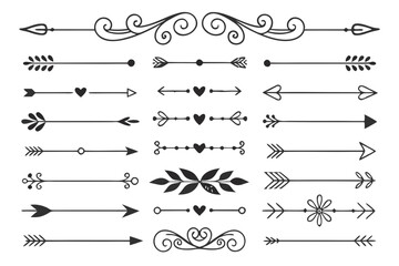 Elegant Swirl and Floral Arrow Borders in Hand-Drawn Black Vector. Ornamental Vintage Dividers for Wedding Cards, Posters, and Layout Projects.

