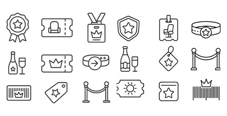 Collection of icons for a theme of a party or event. The icons include a crown, a bottle, a wine glass, a chair, a badge, a star, a ticket, a wristband, a badge, a star