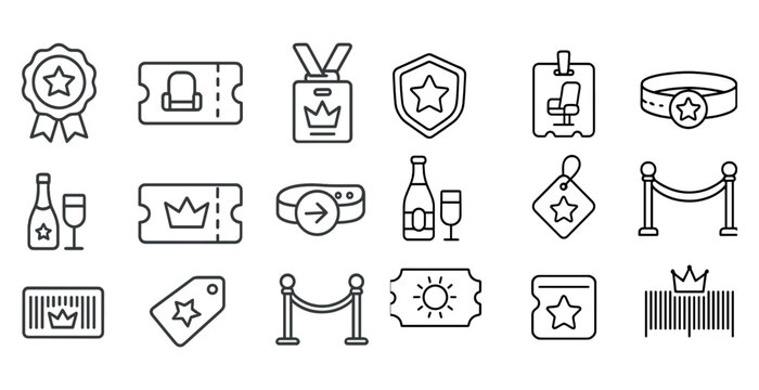 Collection of icons for a theme of a party or event. The icons include a crown, a bottle, a wine glass, a chair, a badge, a star, a ticket, a wristband, a badge, a star