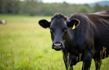 Closeup portrait of black Angus cow grazing in green pasture. Australian farm scene in spring. Animal portrait, cow in focus, background soft, eco farming, sustainable agriculture.