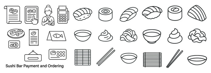 Series of food items and utensils are shown in a black and white style. The concept of the image is related to sushi, as it includes items such as chopsticks, bowls, and a sushi roll