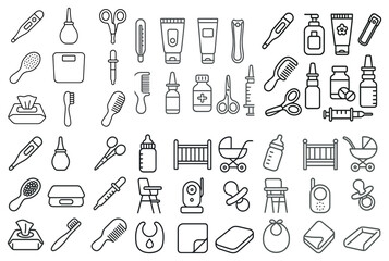 Collection of medical supplies and baby items. The items include a bottle, scissors, a thermometer, a brush, a comb, and a bottle