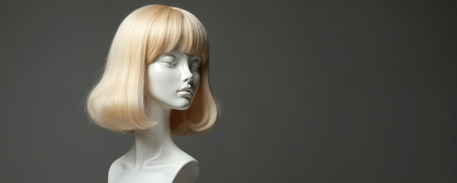 Female mannequin head with blonde wig against grey background. Elegant hairstyle for shop, beauty salon advertisement. Copy space for text or design, promoting hair care, fashion, cosmetics.