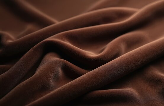 Smooth brown velvet fabric background texture. Luxurious soft cloth, rich brown colors. Elegant textile design, high end fashion, interior, decoration. Softness, glamour, spa, beauty, silk