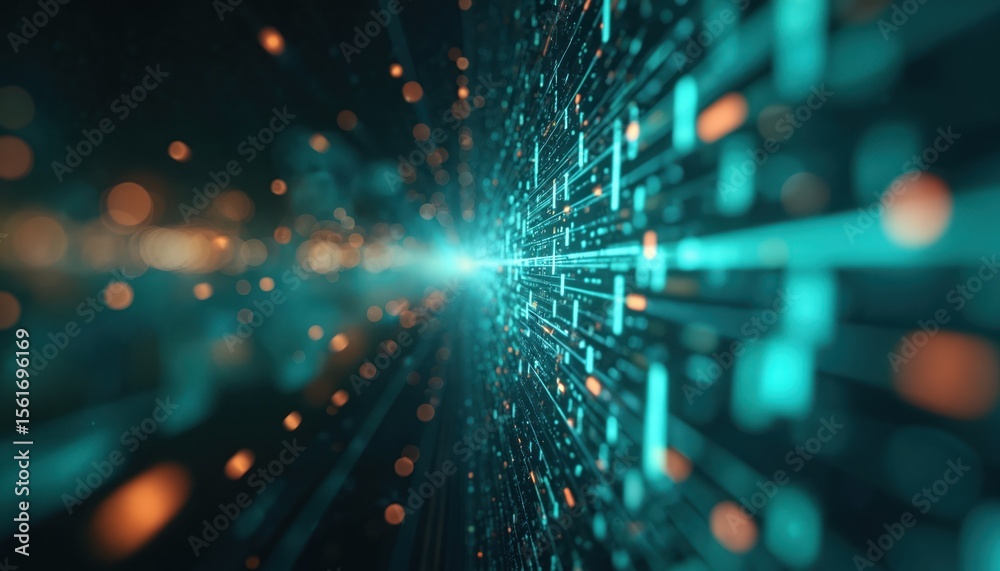 Poster abstract digital data stream with blurred lights, numbers. tech background with glowing particles, l