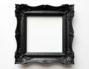 Ornate black square picture frame isolated on white background. Elegant antique design, empty space for art, photo, artwork. Suitable for home decor, gallery display. Classic vintage style for