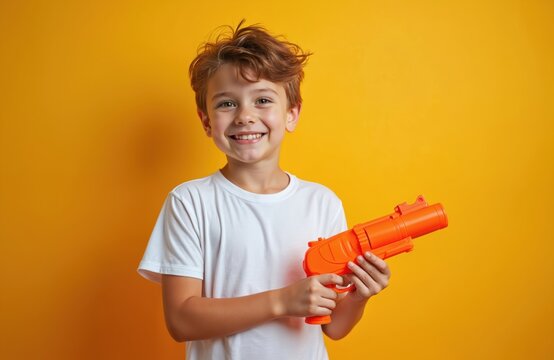 Happy smiling preteen boy with toy gun on yellow backdrop. Kid in white t-shirt holds orange blaster smiling at camera. Child enjoying leisure, playing indoors. Positive emotions, good mood.
