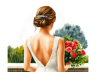 The bride stands in a Rainy Day Love, watercolor illustration.