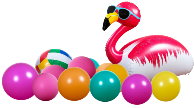 Inflatable flamingo toy with colorful balls and beach ball, cut out transparent