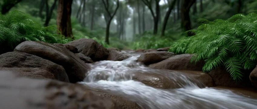 Lush Forest Stream: A tranquil stream meanders through a dense forest, its clear water cascading over moss-covered rocks, surrounded by vibrant green foliage.