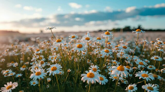 Beautiful white daisies blooming in a field during a vibrant sunset.