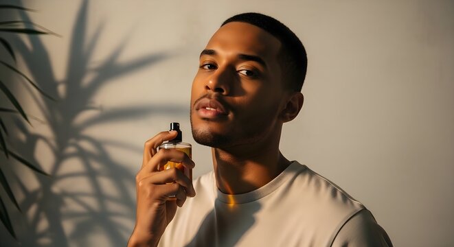 Young man applying fragrance from a spray bottle for personal grooming and a modern lifestyle look - Powered by Adobe