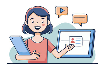 Digital Communication illustration: A cheerful illustrated representation of a lady immersed in digital communication, displaying a harmonious blend of technology and human interaction.