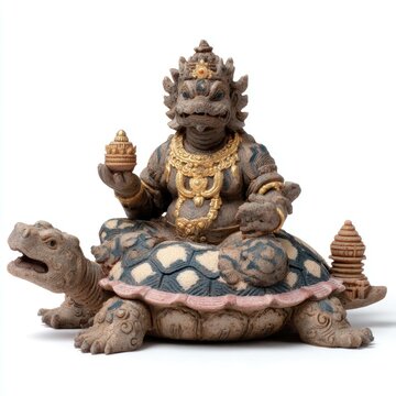 Close-up of vishnu&rsquo;s kurma tortoise form in studio mount mandara and divine protection sculpture