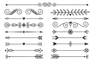 Hand-Drawn Decorative Divider Borders in Elegant Black Vector Featuring Arrows, Floral Accents, and Curved Swirls for Posters and Layout Designs.


