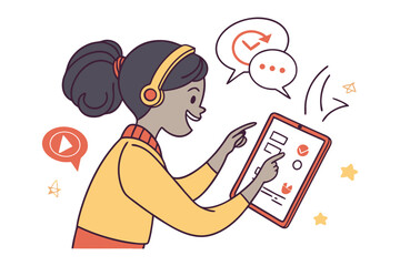 Interactive Learning: An illustration of a young female engages with a digital tablet, likely engaged in online learning or interactive content.