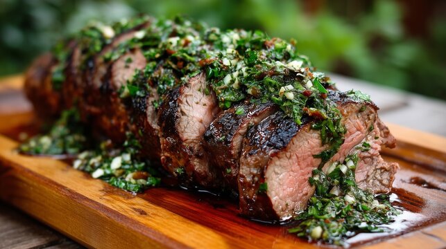 chimichurri beef tenderloin wide side view in natural daylight delicious presentation