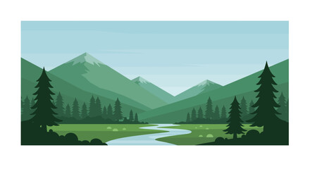 Serene Mountain Landscape with River and Pine Trees in Minimalist Flat Style © Pvect02