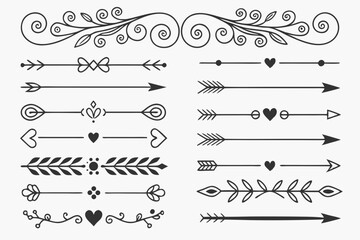 Black Vector Divider Collection Featuring Arrows and Swirls with Floral Accents in Elegant Hand-Drawn Style. Vintage Line Art Borders for Invitations and Layouts.


