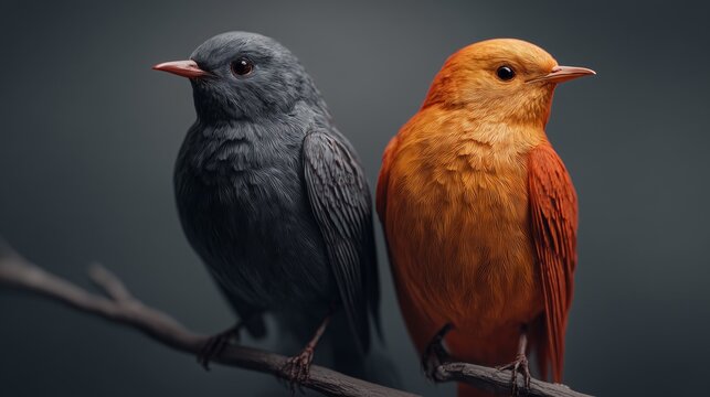 two stylized birds in contrasting light on gray background rendered in cinematic style