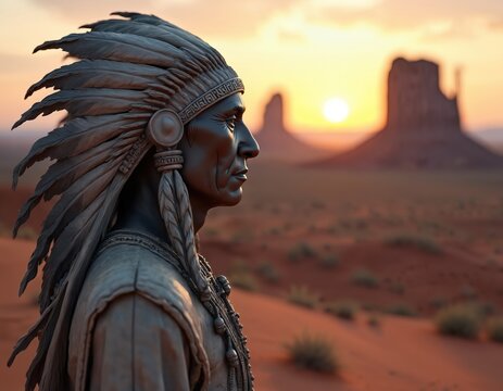 Native American chief sculpture in desert at sunset. The artwork depicts Native American with detailed headdress. Monument Valley landscape, warm colors. Historical, cultural and spiritual themes.
