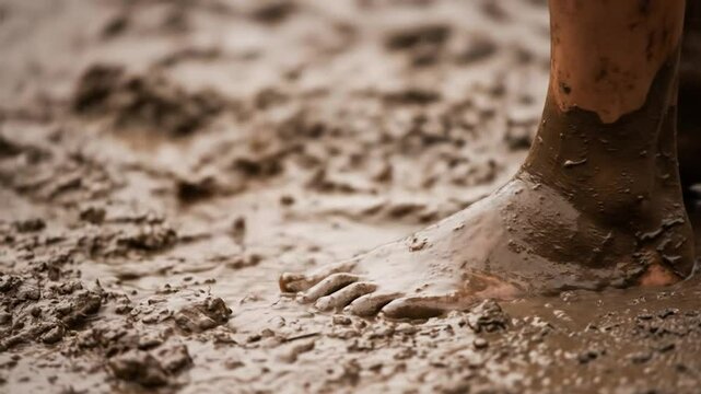 Mud-caked feet sink into thick, wet earth