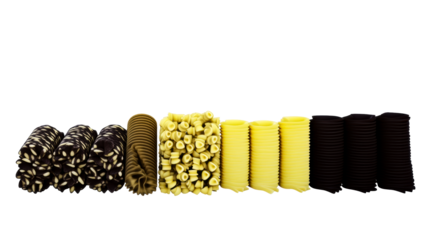 Assorted chocolate tubes and spirals arrangement, cut out transparent