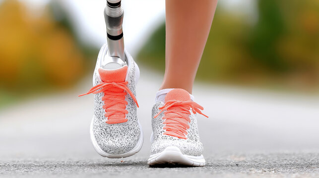 Close-up of athletic woman jogging with prosthetic leg and vibrant sneakers