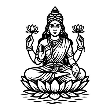Goddess Lakshmi Sitting on Lotus Black and White Outline Line Art Drawing Vector Illustration