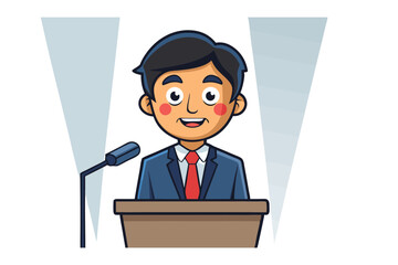 Smiling Speaker at Podium: A cheerful cartoon illustration of a young man in a suit delivering a speech from a podium, illuminated by spotlights.