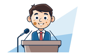 Smiling Young Speaker at Podium: A cheerful young man with freckles delivers a speech from behind a podium, microphone in hand, radiating confidence and friendliness.