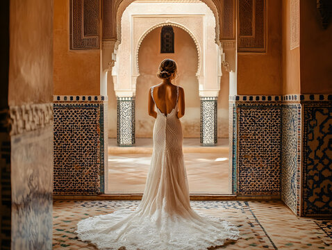 The bride stands in a warm-toned Moroccan courtyard adorned with intricate tiles, photograph