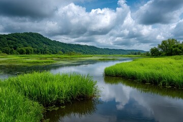 Lush river scene with dense grass banks under a cloudy sky reflecting the skys pattern on its calm surface